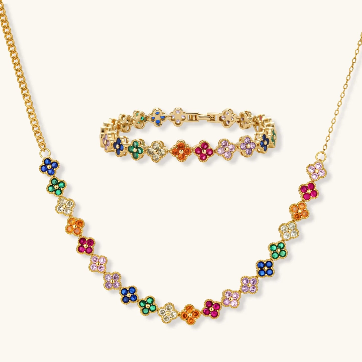 Lucky Kløver smykkesett i regnbuens farger med 14 K gullforgylt eco-brass med Cubic Zirkonia