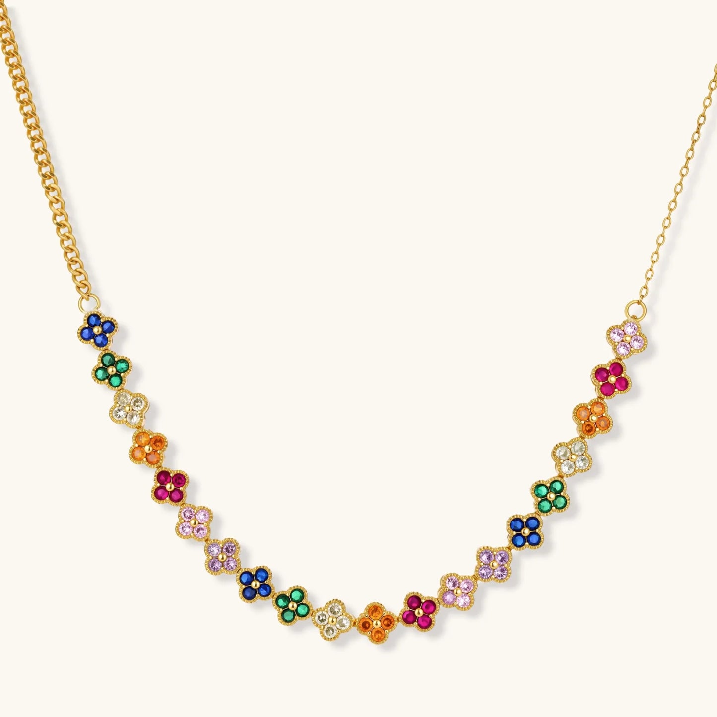 Lucky Kløver smykkesett i regnbuens farger med 14 K gullforgylt eco-brass med Cubic Zirkonia