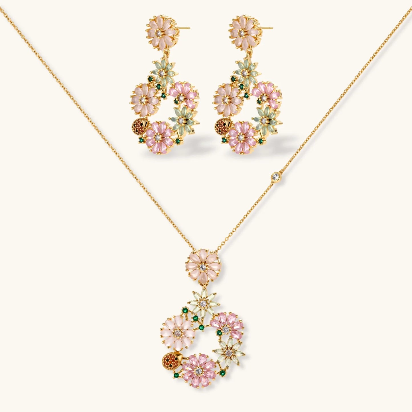 Blooming Garden Smykkesett  i 14 K gullbelegg og cubic zirkonia - Allergivennlig smykkesett - i eco messing