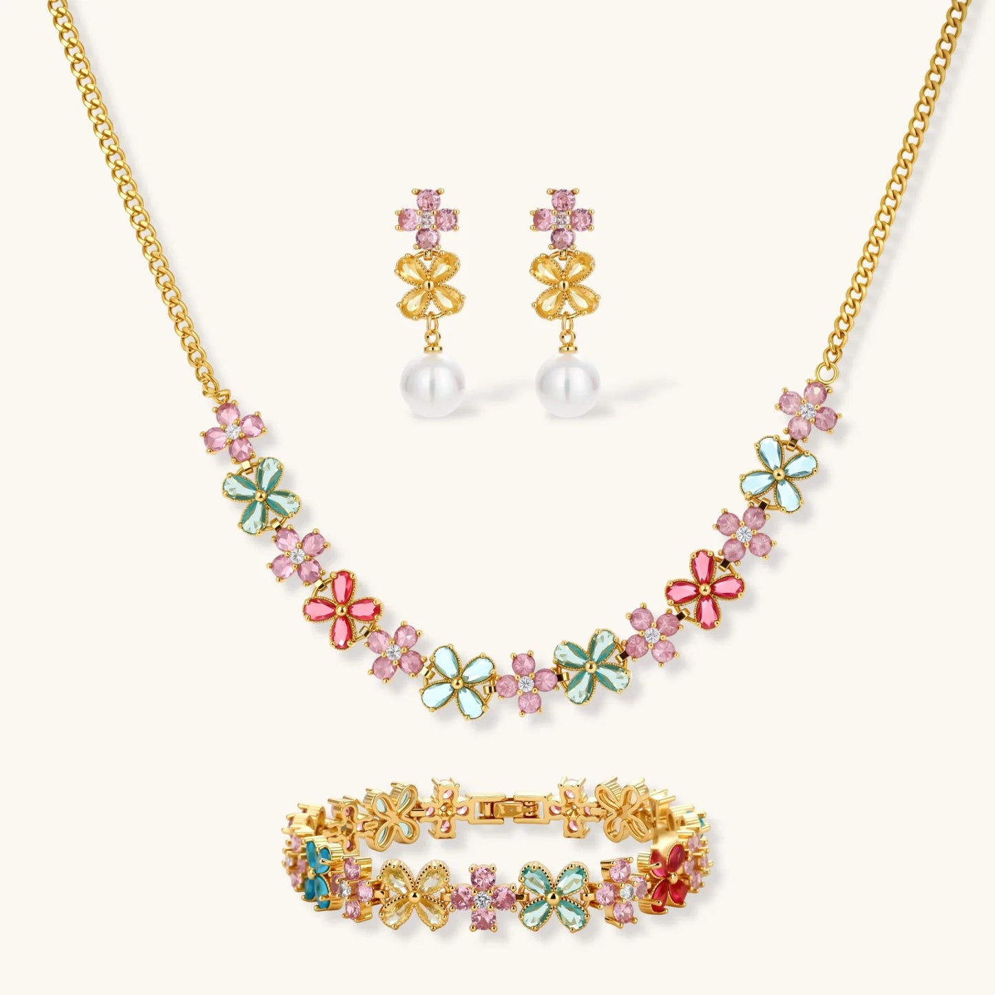 Garden Bloom Smykkesett i 14 K gullbelegg og cubic zirkonia- Allergivennlig smykkesett- eco - brass