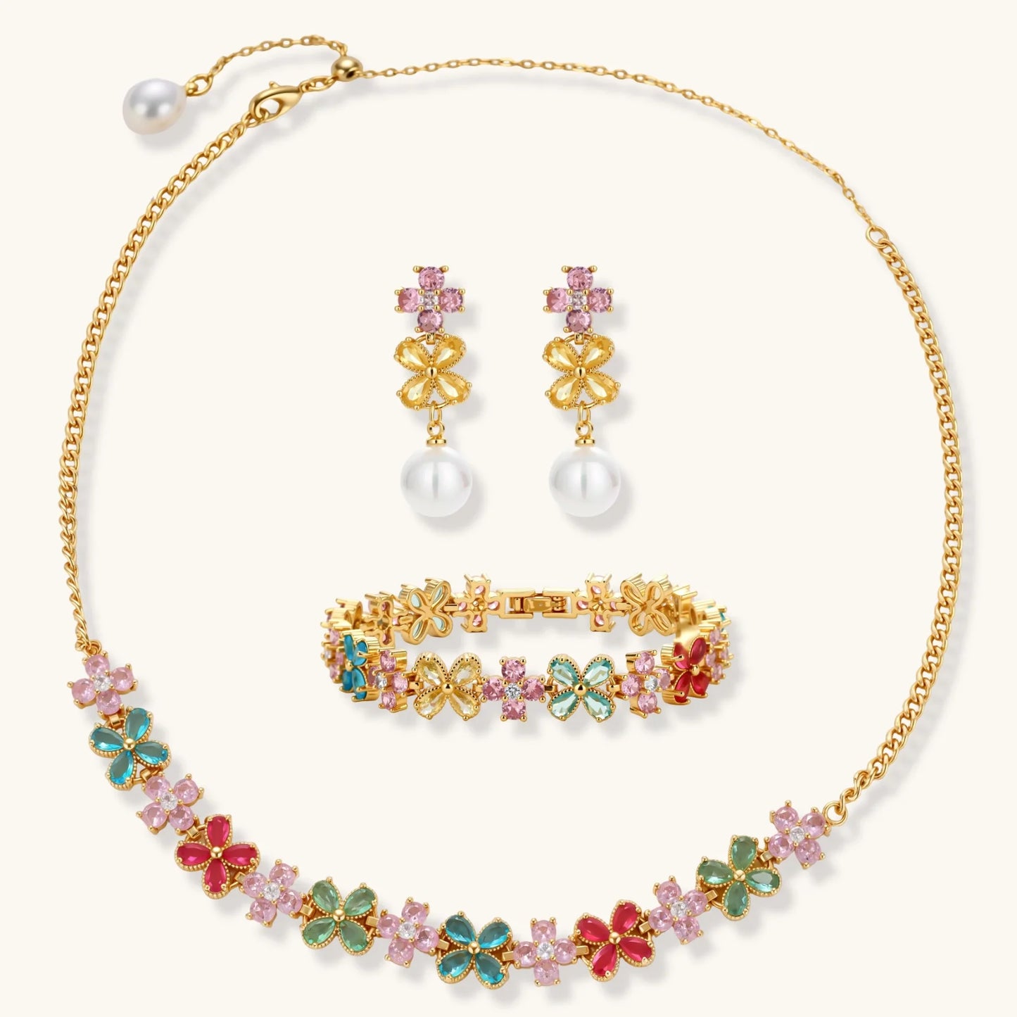 Garden Bloom Smykkesett i 14 K gullbelegg og cubic zirkonia- Allergivennlig smykkesett- eco - brass
