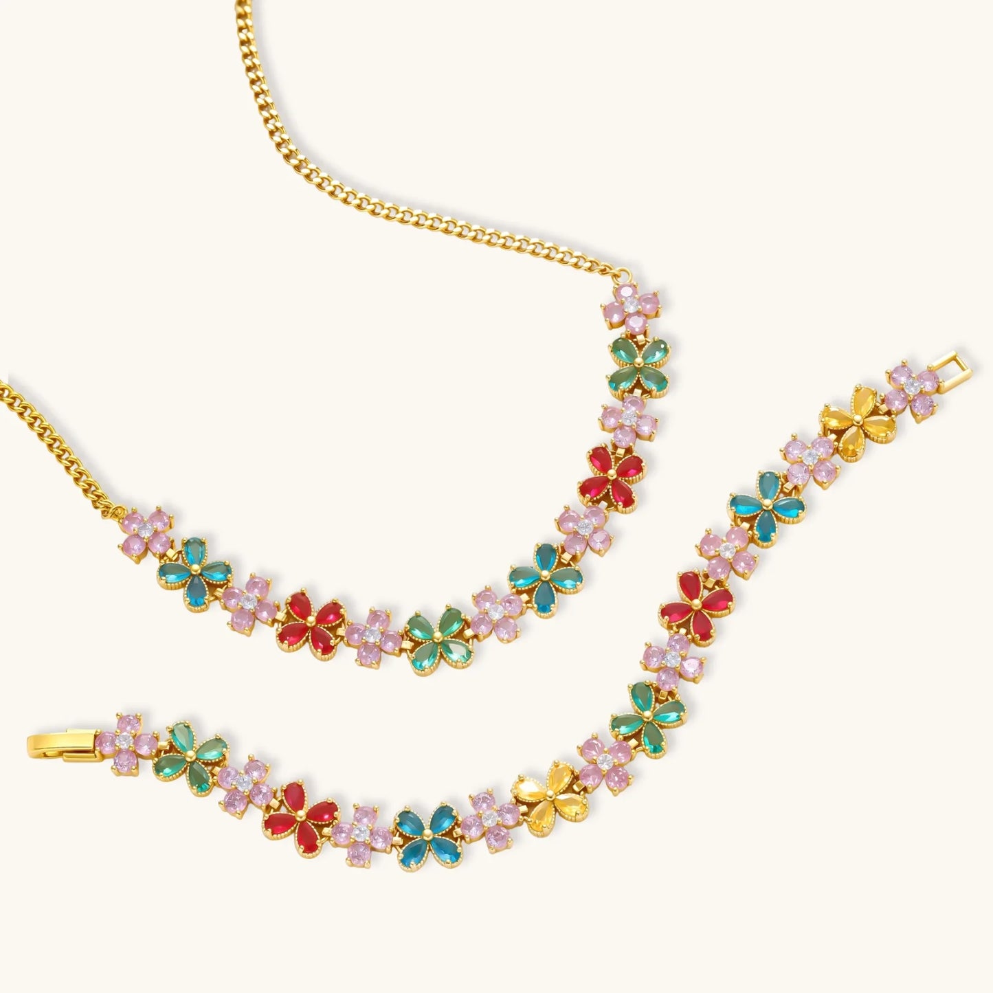 Garden Bloom Smykkesett i 14 K gullbelegg og cubic zirkonia- Allergivennlig smykkesett- eco - brass