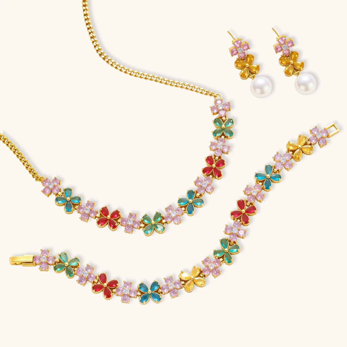 Garden Bloom Smykkesett i 14 K gullbelegg og cubic zirkonia- Allergivennlig smykkesett- eco - brass