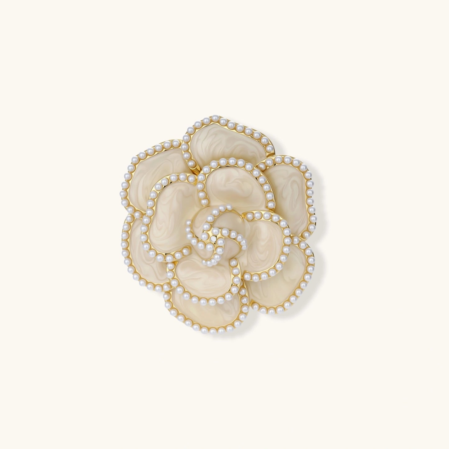 Elegant cream-colored rose brooch with gold plating, zirconia stones, and pearl-like border details on neutral background.