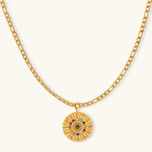 Zodiac Wheel Necklace | 18K Gold Plated stainless steel & Cubic zirconia