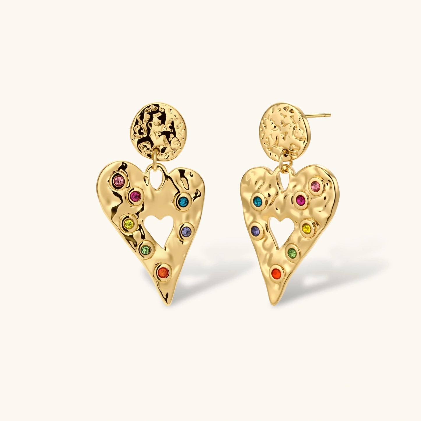Rainbow Heart Drop Earrings in 18K Gold Plated Stainless Steel & Cubic Zirconia