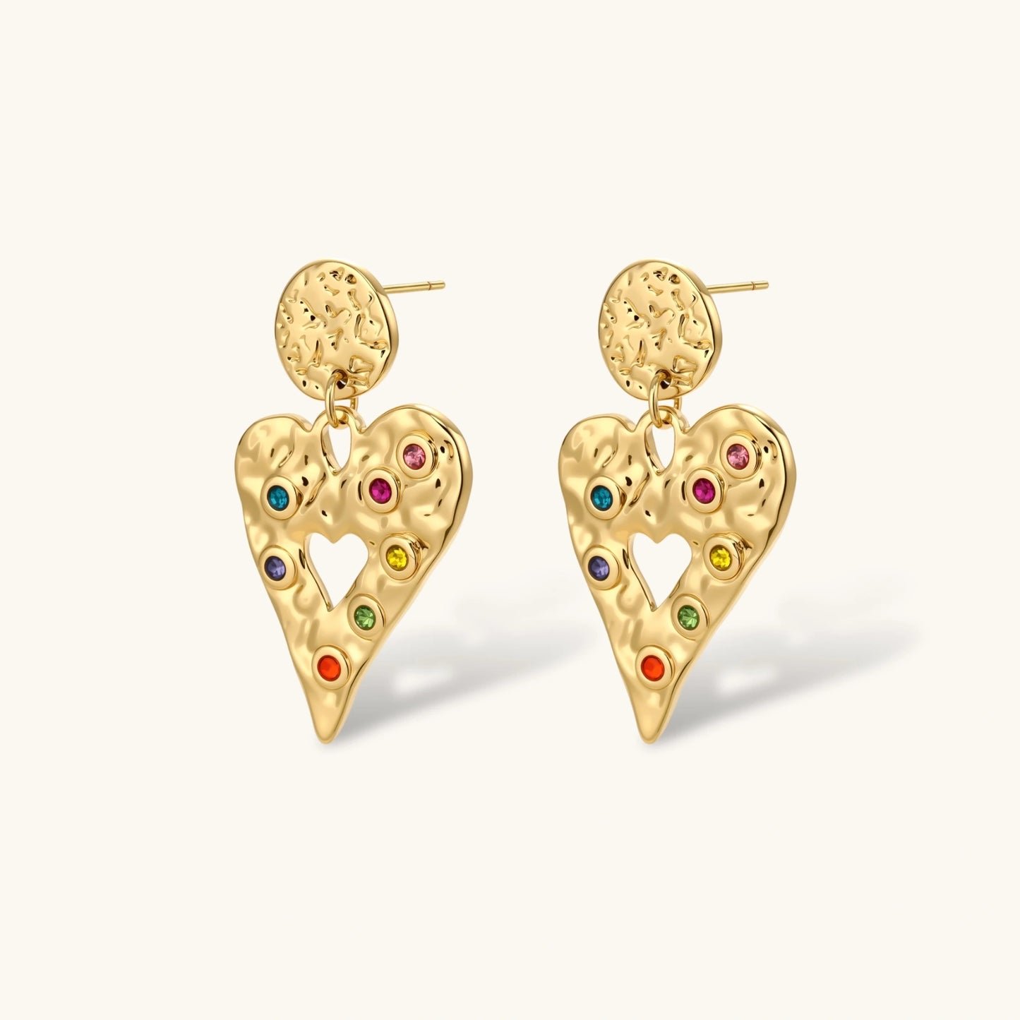 Rainbow Heart Drop Earrings in 18K Gold Plated Stainless Steel & Cubic Zirconia
