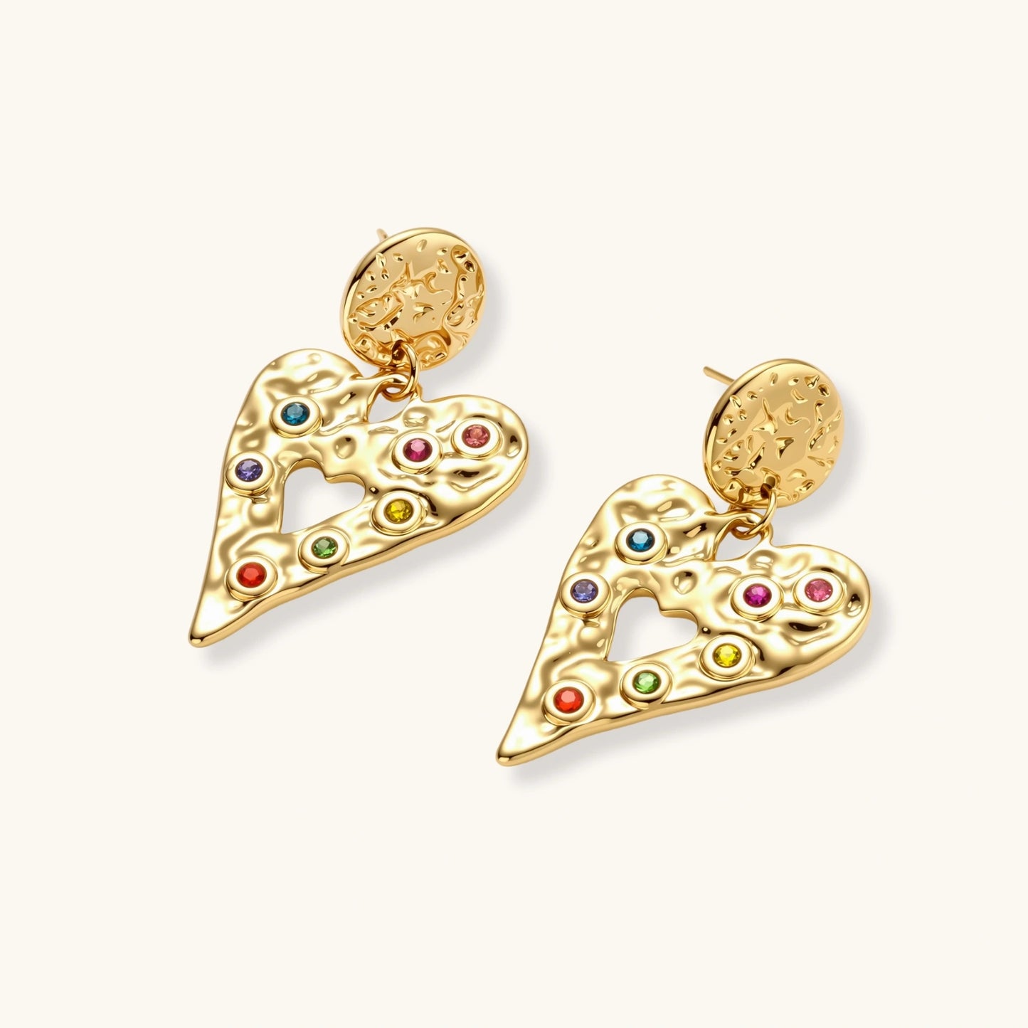 Rainbow Heart Drop Earrings in 18K Gold Plated Stainless Steel & Cubic Zirconia