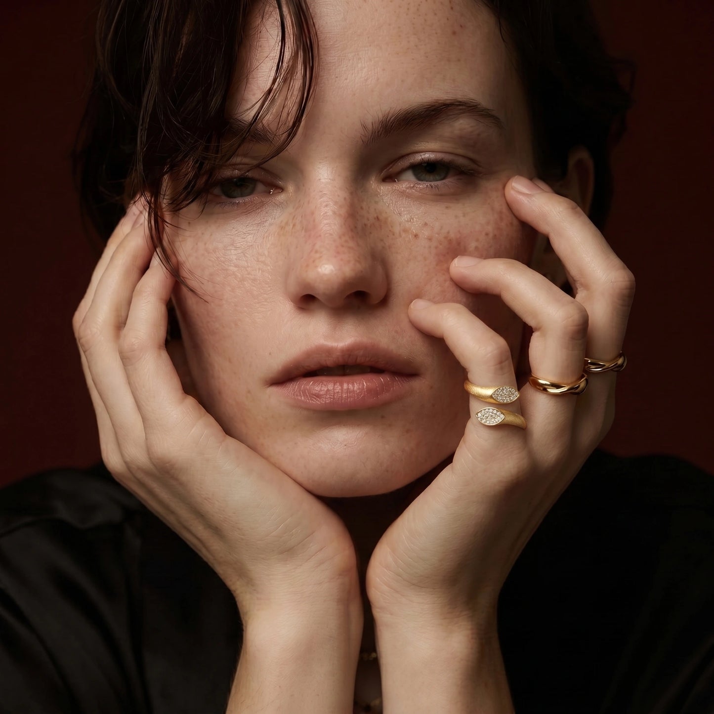 Dual Spark Ring 14 K Gold Plated Eco-Brass with Zirconia - Adjustable size